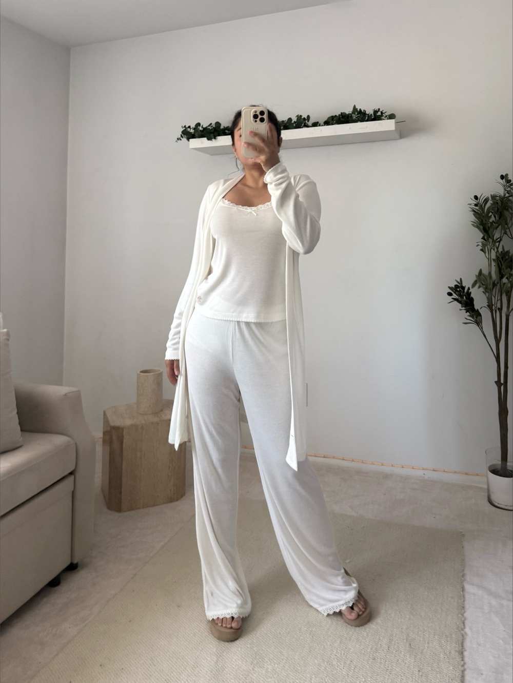 Women's Cream 3-Piece Pajama Set with Lace Trim